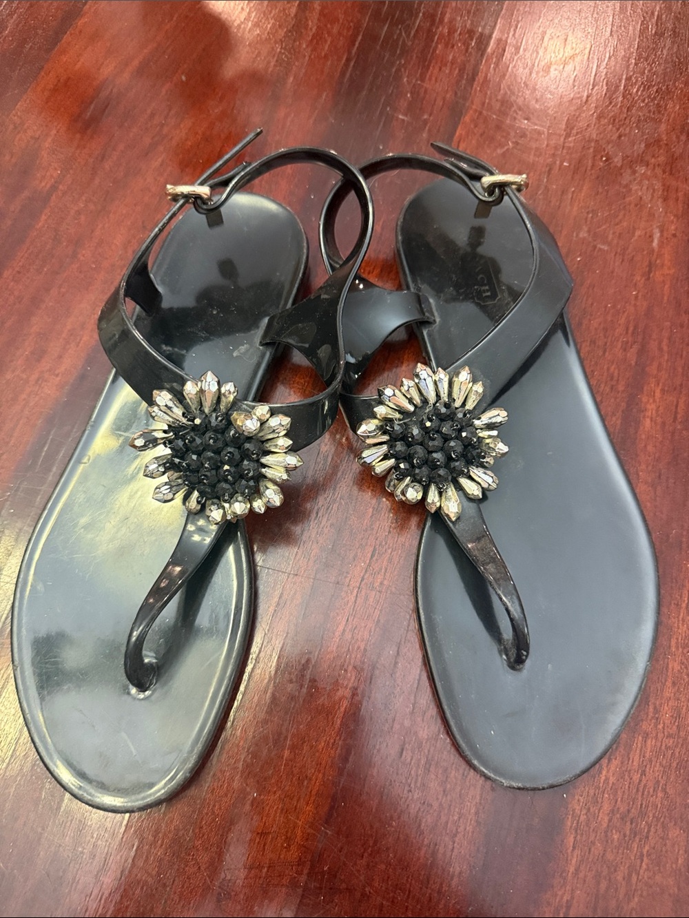 Coach 8.5 Black Jeweled T-Strap Women's Sandals